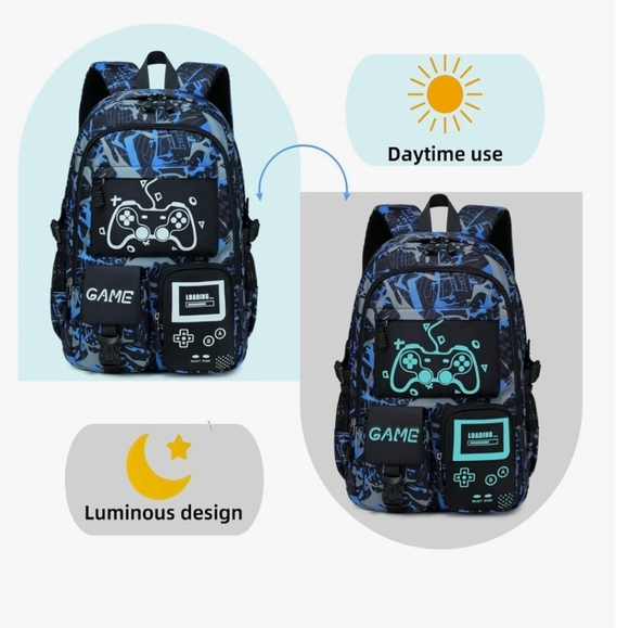 Blue and Black Gaming Backpack Set with Controller Design Glow In The Dark NWOT - Picture 6 of 16